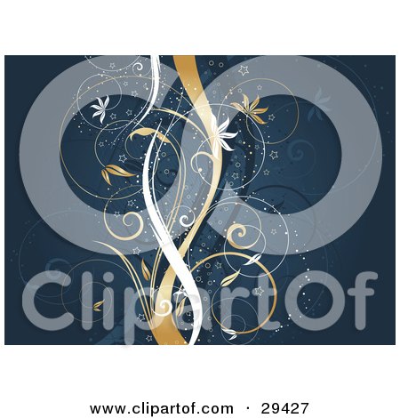 Clipart Illustration of Dark Blue, White And Golden Waves And Vines Over A Blue Background With Sparkles by KJ Pargeter