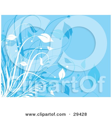Clipart Illustration of White And Blue Leafy Plants Over A Blue Background by KJ Pargeter