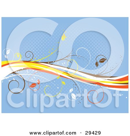 Clipart Illustration of White, Yellow, Orange And Brown Waves And Vines Over A Blue Background With A Dot Pattern by KJ Pargeter