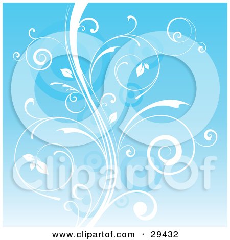Clipart Illustration of a White Curly Vine Over A Blue Background With Faint Circle Patterns by KJ Pargeter