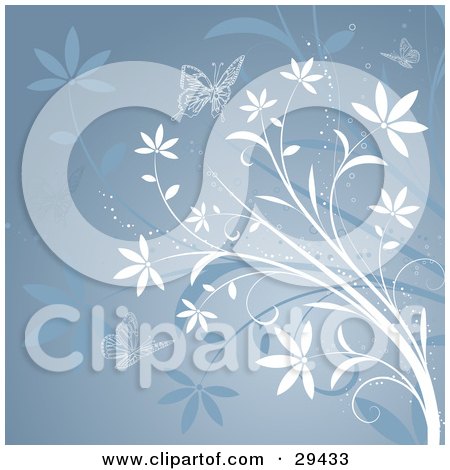 Clipart Illustration of Butterflies With White And Blue Flowering Plants Over A Gradient Background by KJ Pargeter