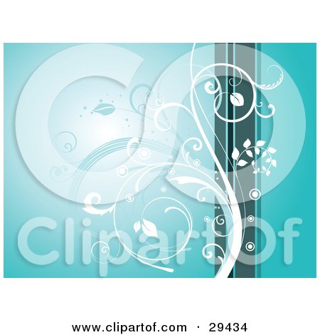 Clipart Illustration of a White Curling Vine Over A Blue Background With Green And Blue Vertical Stripes by KJ Pargeter