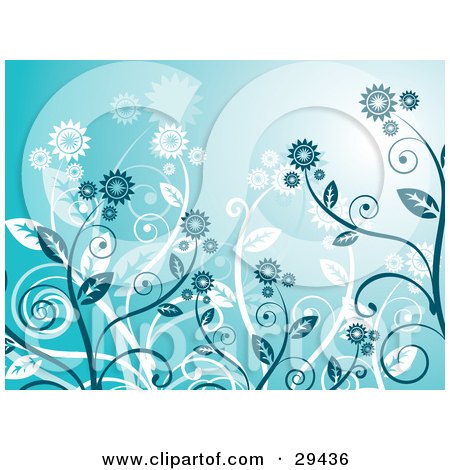 Clipart Illustration of Flowering Plants In White And Blue Over A Blue Background With A Bright Light by KJ Pargeter