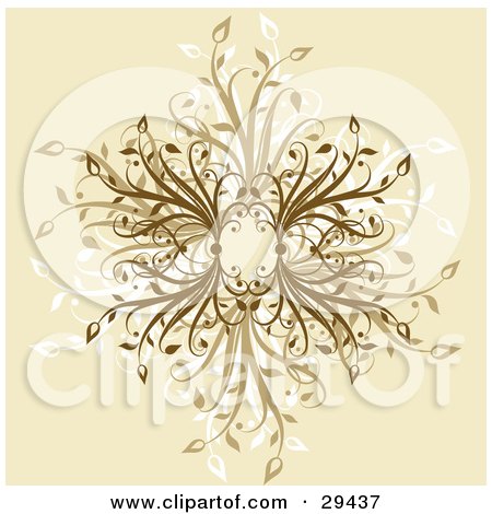 Clipart Illustration of a Flourish Of Brown And White Plants In The Center Of A Beige Background by KJ Pargeter