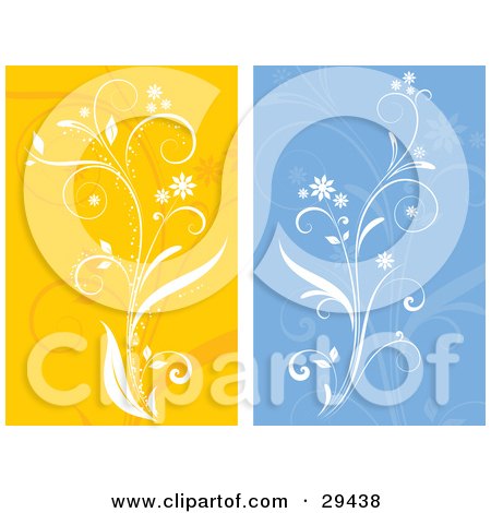 Clipart Illustration of a Set Of White Flowering Plants Over Orange And Blue Backgrounds by KJ Pargeter