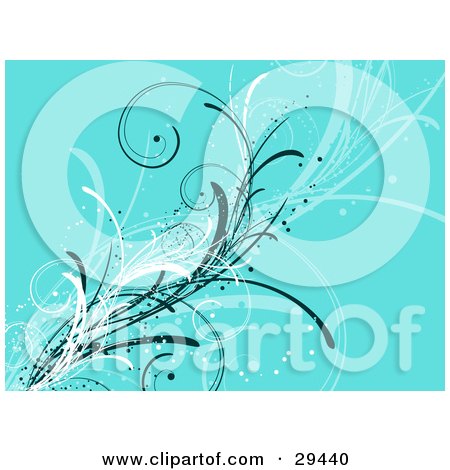 Clipart Illustration of Sparkling Green And White Grasses Curling Over A Blue Background by KJ Pargeter