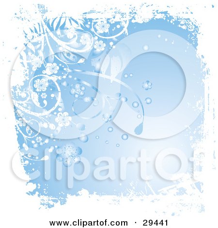 Clipart Illustration of a Blue Background Bordered By White Grunge, Vines And Flowers by KJ Pargeter