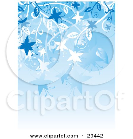 Clipart Illustration of Blue And White Flowering Plants Hanging Down Over A Gradient Background by KJ Pargeter