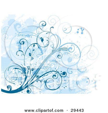 Clipart Illustration of a Blue Grunge Background Of Vines, Dots And Splatters by KJ Pargeter
