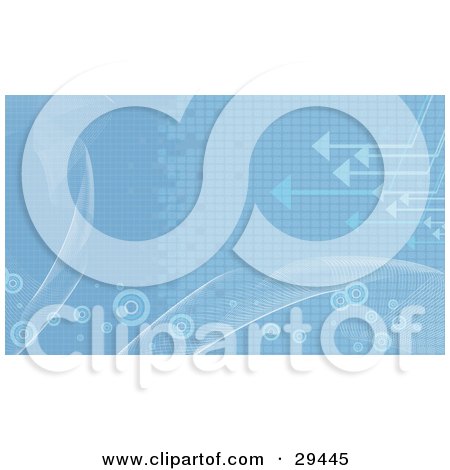 Clipart Illustration of a Blue Background With White Waves, Pixels, Circles And Arrows by KJ Pargeter