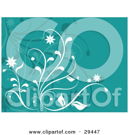 Clipart Illustration of White Flowering Plants Over Faded Ones On A Blue Background by KJ Pargeter