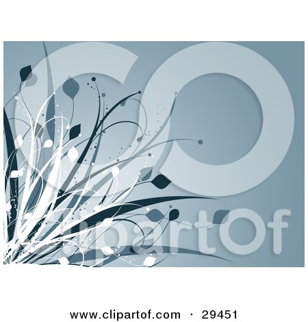 Clipart Illustration of White And Blue Grasses Growing Over A Gradient Grayish Blue Background by KJ Pargeter