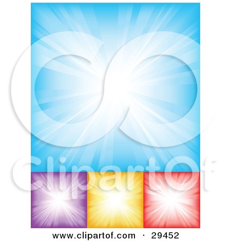 Clipart Illustration of a Set Of Blue, Purple, Yellow And Red Backgrounds With White Bursting Light by KJ Pargeter