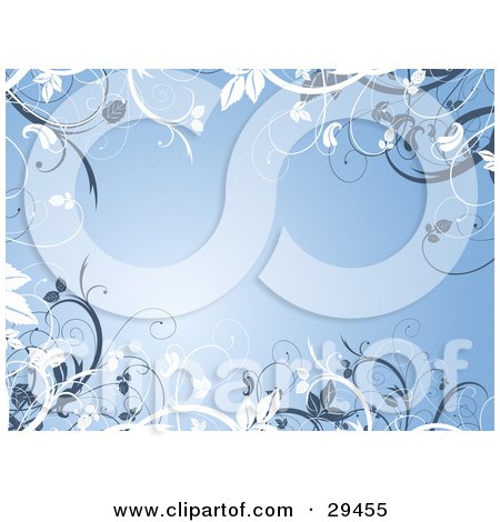 Clipart Illustration of a Blue Background Bordered By White And Gray Leafy Plants by KJ Pargeter