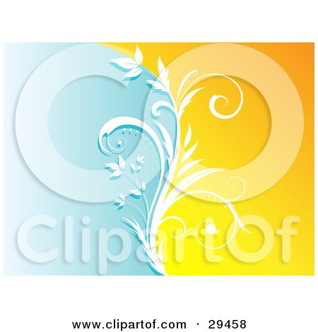 Clipart Illustration of a White Silhouetted Leafy Plant Curving And Dividing A Background Of Blue And Orange by KJ Pargeter