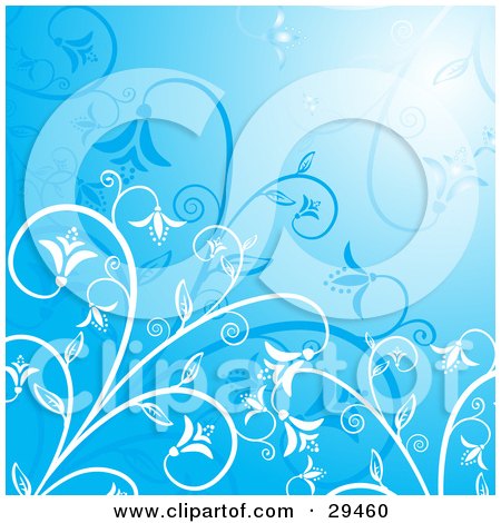 Clipart Illustration of a Gradient Blue Background With White And Blue Flowers On Curling Plants by KJ Pargeter