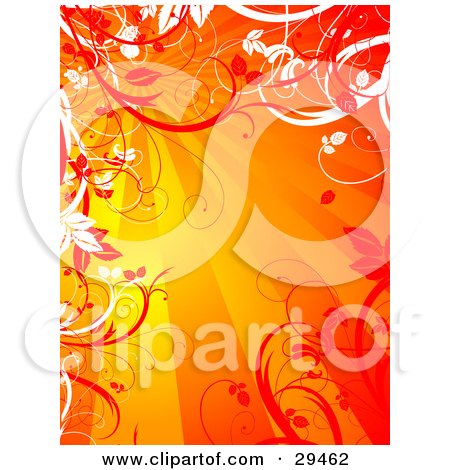 Clipart Illustration of Red And White Vines Bordering A Bursting Orange Background Of Light by KJ Pargeter