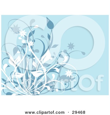 Clipart Illustration of a Blue Background With White, Gray And Blue Plants by KJ Pargeter