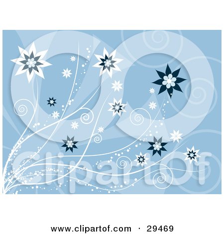 Clipart Illustration of a Blue Background With White And Blue Star Shaped Flowers With Sparkling Stems And Faded Swirls by KJ Pargeter