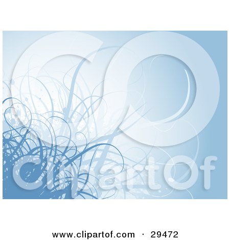 Clipart Illustration of Three Shades Of Blue Grasses Over A Gradient Blue Background by KJ Pargeter