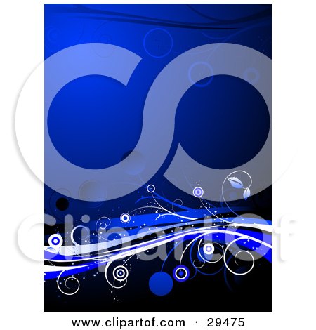 Clipart Illustration of a Deep Blue Background With White, Black And Blue Vines And Circles by KJ Pargeter