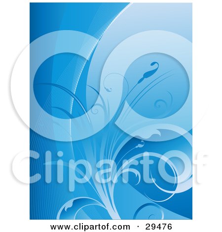 Clipart Illustration of a Beautiful Blue Background Of Lined And Solid Waves With A Plant by KJ Pargeter