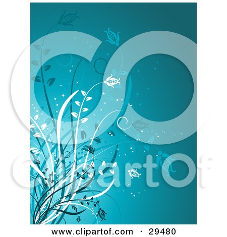 Clipart Illustration of White And Blue Plants With Flowers At The Tips, Growing Over A Blue Background by KJ Pargeter