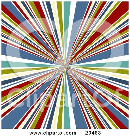 Clipart Illustration of a Retro Background Of Bursting White, Green, Yellow, Blue And Red Lines Emerging From The Center by KJ Pargeter