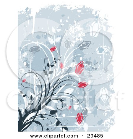 Clipart Illustration of a Grunge Background Of Red Flowers On White, Gray And Dark Blue Stems With White Grunge, Cuts And Splatters by KJ Pargeter