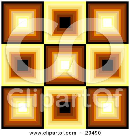 Clipart Illustration of a Retro Square Patterned Background Of White, Yellow, Orange, Brown And Black Squares by KJ Pargeter