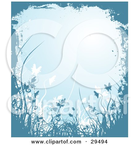Clipart Illustration of a Blue Background Bordered By Grunge And Blue And White Plants by KJ Pargeter