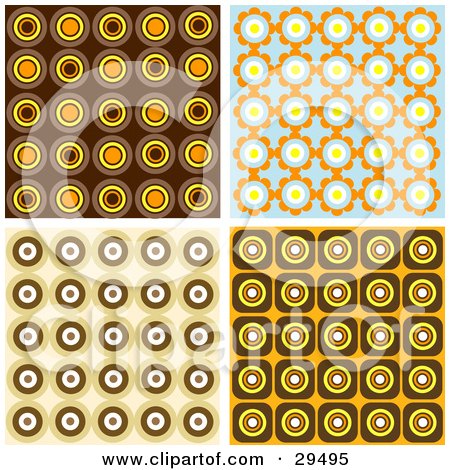 Clipart Illustration of a Set Of Retro Wallpaper Pattern Backgrounds Of Orange, Brown And Blue Circles by KJ Pargeter