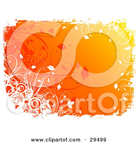 Clipart Illustration of a Gradient Orange And Yellow Background, Bordered By White Grunge, Circles And Vines by KJ Pargeter
