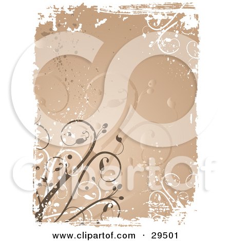 Clipart Illustration of a Brown Curling Vines Over A Brown Background With Splatters, Bordered By White Grunge by KJ Pargeter