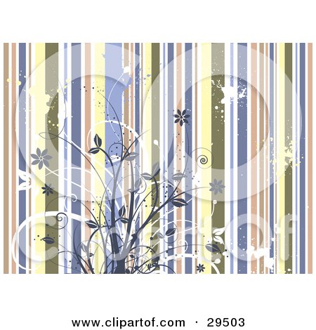 Clipart Illustration of White And Blue Flowering Plants Over A Grungy Striped Background by KJ Pargeter