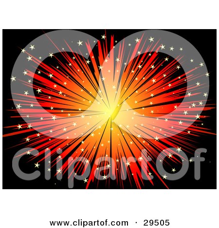 Clipart Illustration of a Burst Of Red And Orange Light With Tiny Stars On A Black Background by KJ Pargeter