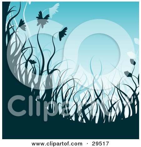 Clipart Illustration of a Gradient Blue Background With Dark And Light Blue Grasses by KJ Pargeter