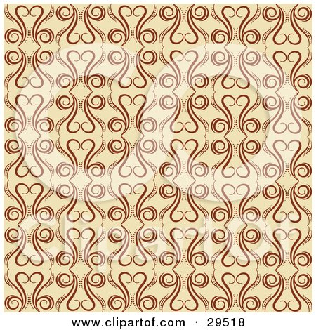 Clipart Illustration of a Patterned Wallpaper Background Of Brown Flourishes On A Beige Background by KJ Pargeter