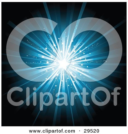Clipart Illustration of a Blue Bursting Star Background Of White And Blue Light Over Black by KJ Pargeter