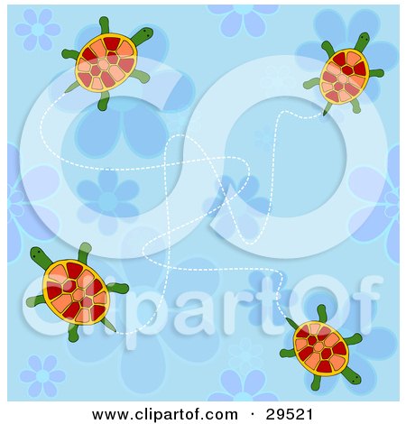 Clipart Illustration of Four Cute Turtles Over A Blue Background With Daisy Flower Designs by KJ Pargeter