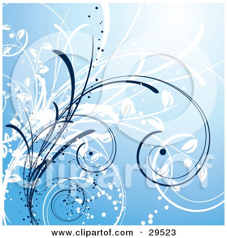Clipart Illustration of Sparkling White And Blue Curling Grasses Over A Gradient White To Blue Background by KJ Pargeter