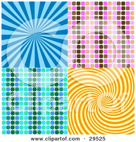 Clipart Illustration of a Set Of Blue, Pink, Brown, Green And Orange Retro Backgrounds Of Bursts, Patterns And Swirls by KJ Pargeter