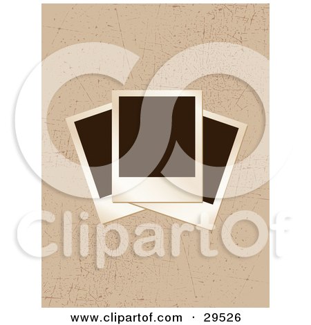 Clipart Illustration of Three Blank Polarod Photographs Stacked On A Grunge Scratched Brown Background  by KJ Pargeter