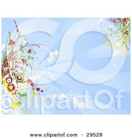 Clipart Illustration of a Blue Background With Rays Of Light And White Grunge Splatters, Decorated With Green, Red And Yellow Circles And Grasses by KJ Pargeter