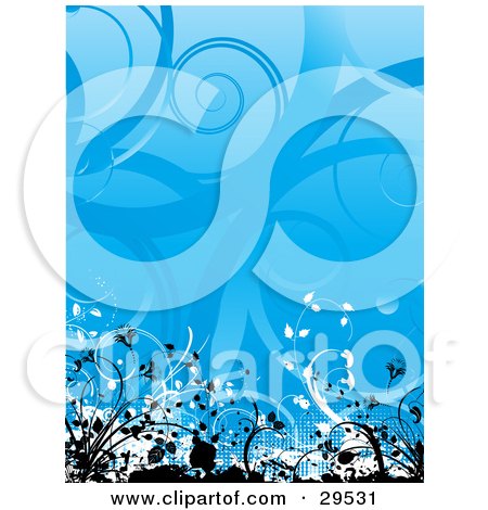 Clipart Illustration of Black And White Grunge And Vines Along The Bottom Edge Of A Blue Background With Curly Vines by KJ Pargeter