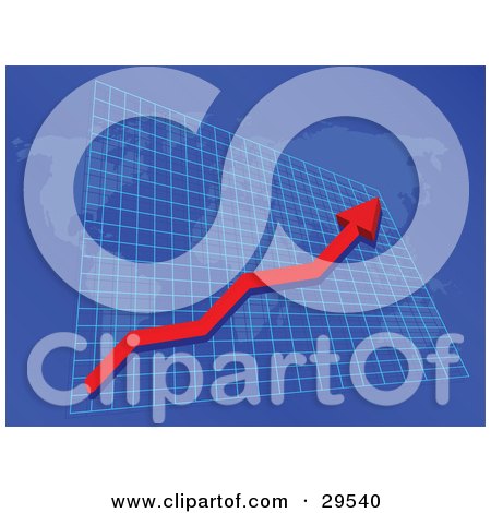 Clipart Illustration of a Red Arrow Moving Upwards On A Graph Over International Countries by KJ Pargeter