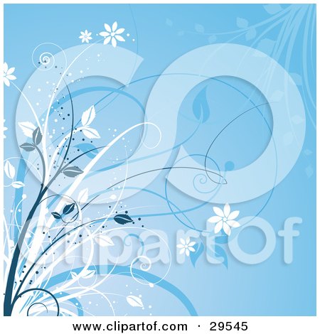 Clipart Illustration of White And Blue Curling Vines, Flowers And Sparkling Grasses Over A Blue Background by KJ Pargeter