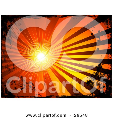 Clipart Illustration of a Bright Burst Of Light Casting Red And Orange Rays, Bordered By Black Grunge by KJ Pargeter