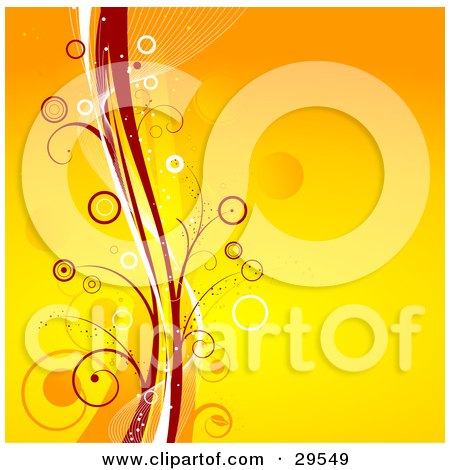 Clipart Illustration of a Gradient Yellow And Orange Background With Red, White And Yellow Waves With Vines by KJ Pargeter
