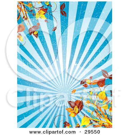 Clipart Illustration of a Scratched Grunge Background Of Blue Rays Of Light, With Autumn Foliage In The Corners by KJ Pargeter